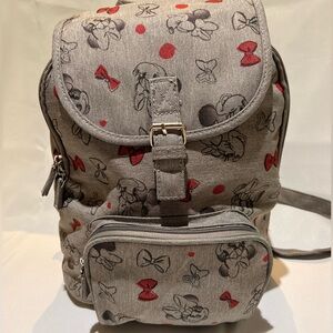 Mickey Park  10 x 12 Grey canvas backpack with Minnie Mouse pattern.